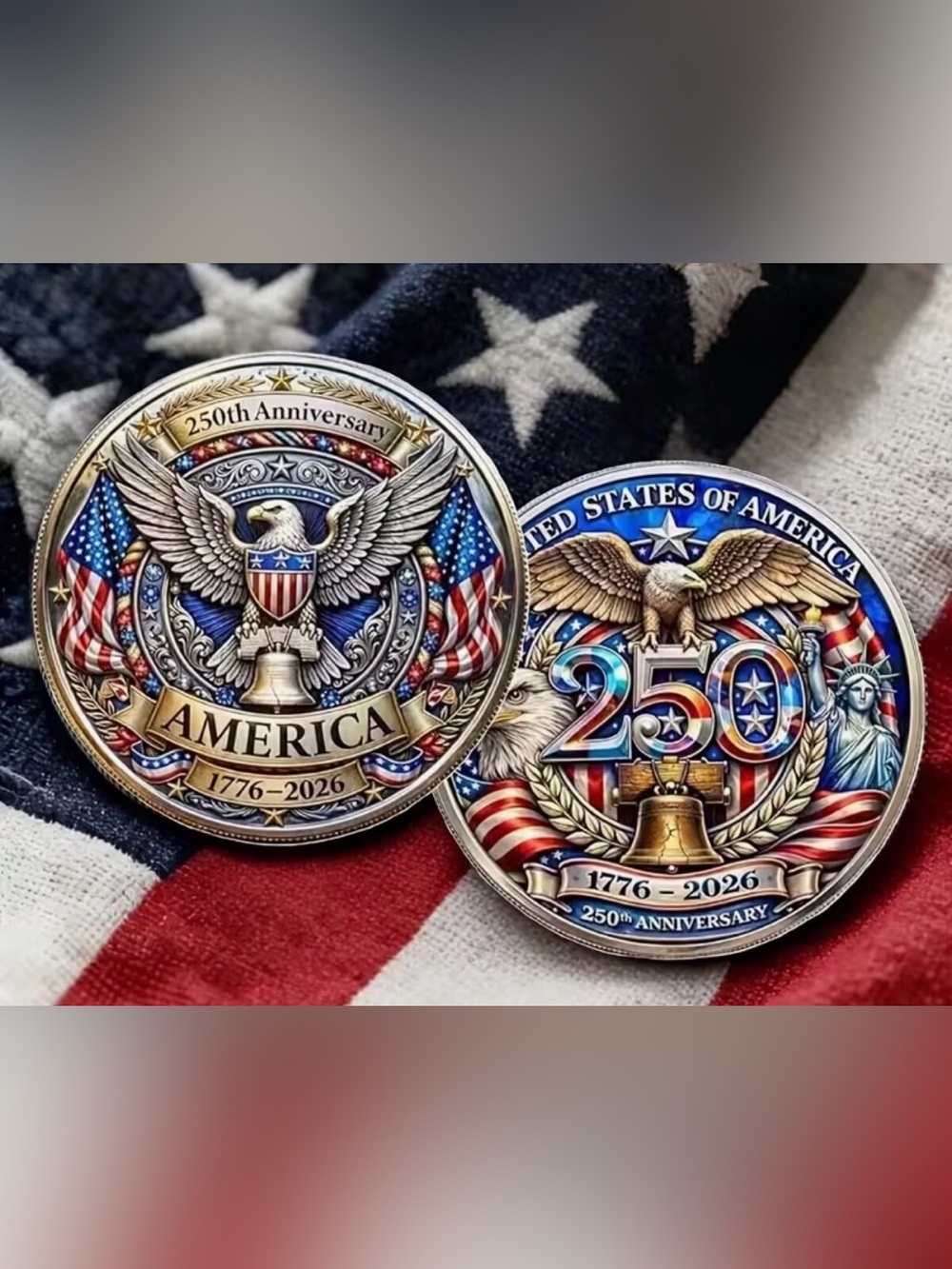 250th Anniversary Commemorative America Coins - Patriotic Blue & Red New
